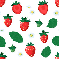 Vector seamless pattern. Ripe and unripe strawberries, flowers and leaves on a white background.
