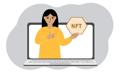 NFT concept. A laptop in which a woman with the image of NFT in the palm of his hand. Auction of non-fungible tokens, markets, online education.