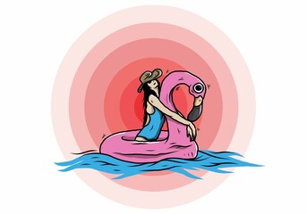 Girl wearing beach hat in an inflatable lifebuoy Flamingo illustration