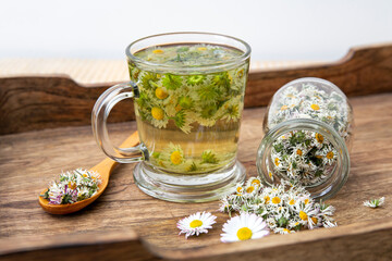 Dried herbal medicinal plant Common Daisy, also known as Bellis Perennis. Dry flower blossoms in...