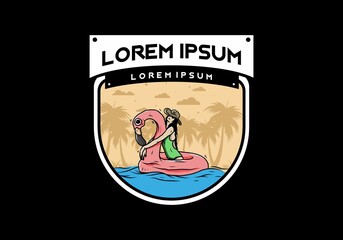 Girl wearing beach hat in an inflatable lifebuoy Flamingo illustration