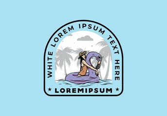 Girl wearing beach hat in an inflatable lifebuoy Flamingo illustration