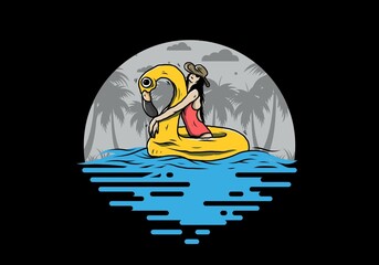 Girl wearing beach hat in an inflatable lifebuoy Flamingo illustration © Adipra