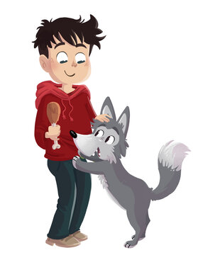Children's illustration of a boy with a wolf