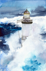 Watercolor illustration of the Ar Men lighthouse at one end of the Chauss&eacute;e de &Icirc;le de Sein, at the west end of Brittany in a stormy sea