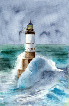 Watercolor illustration of the Ar Men lighthouse at one end of the Chaussée de Île de Sein, at the west end of Brittany in a stormy sea