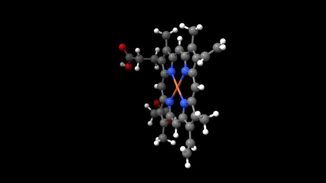 Animated 3D ball-and-stick and spacefill models of protoporphyrin IX with Fe, black background