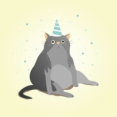 a cute fat gray cat in a white and blue festive cap sits on the floor. the illustration is suitable as a greeting card or as a children's illustration