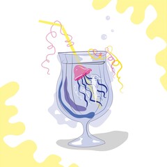 cocktail glass with jellyfish. illustration in trendy blue shades. summer and light plot