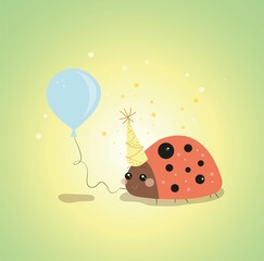 a small smiling ladybug in a festive cap on her head holds a balloon in her paw. cute greeting card. baby illustration