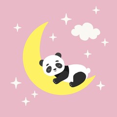 Cute panda bear sleeping on moon with stars. Kawaii animal character design. Flat vector illustration for nursery room