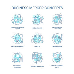 Business merger and consolidation turquoise concept icons set. Companies integration idea thin line color illustrations. Isolated symbols. Editable stroke. Roboto-Medium, Myriad Pro-Bold fonts used