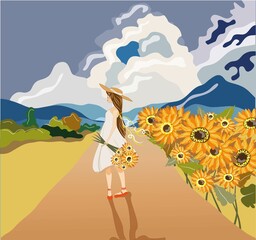 summertime, a girl in a summer dress and a hat of light shades holds a bouquet of flowers in her hands. field road and sunflower field. sunny weather, blue sky with clouds. summer bright illustration