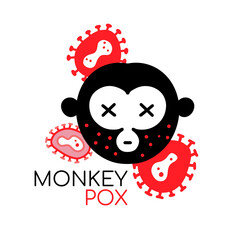 Monkey face with virus cells. Monkeypox virus or monkeypox concept. Stop virus belongs to the genus Orthopoxvirus of the Poxviridae family. New infection. Vector simple illustration.