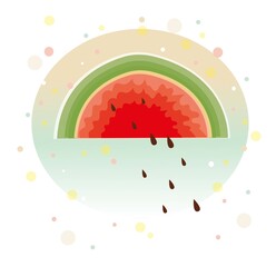 colorful summer illustration. a piece of watermelon against the sky. rain of watermelon seeds