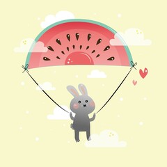 a cute little rabbit flies through the sky on a parachute in the form of a piece of watermelon. clouds and sunlight. baby illustration