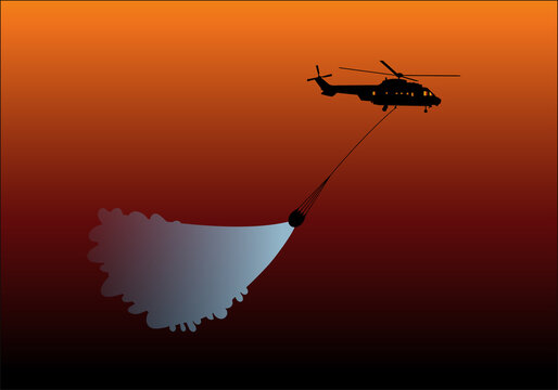 Helic&oacute;ptero contra incendios rociando cesta de agua sobre un incendio