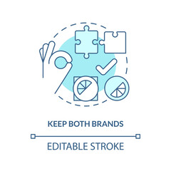 Keep both brands turquoise concept icon. Identity retention. Brand consolidation abstract idea thin line illustration. Isolated outline drawing. Editable stroke. Arial, Myriad Pro-Bold fonts used
