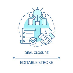 Deal closure turquoise concept icon. Complete transaction. Stage of merger abstract idea thin line illustration. Isolated outline drawing. Editable stroke. Arial, Myriad Pro-Bold fonts used