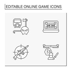 Online game line icons set. Different game types. Modern technology concepts. Isolated vector illustrations.Editable stroke