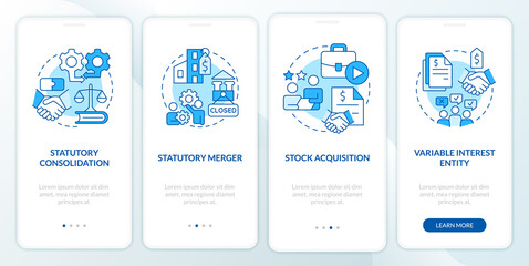 Business consolidation strategies blue onboarding mobile app screen. Walkthrough 4 steps editable graphic instructions with linear concepts. UI, UX, GUI template. Myriad Pro-Bold, Regular fonts used