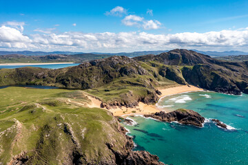 Aerial view of the Murder Hole beach, officially called Boyeeghether Bay in County Donegal, Ireland