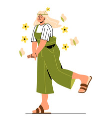 MBTI person concept. Myers Briggs personality typology. Young girl with flowers. Metaphor of love for nature, creative person and beauty and aesthetics lover. Cartoon flat vector illustration