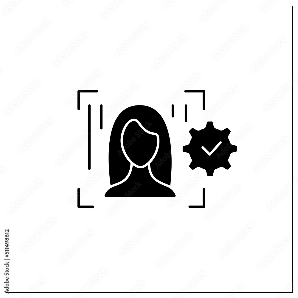 Poster verification process glyph icon. authentication by facial recognition.successful biometric data veri
