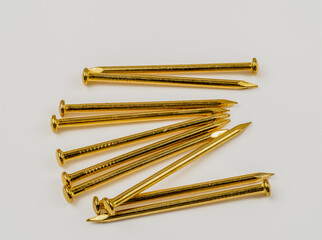 Close up of  Brass brads panel pins gold  nails