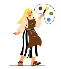 MBTI person concept. Myers Briggs personality typology. Young girl with paints, aspiring artist. Creative thinking, art and paintings, designer and color matching. Cartoon flat vector illustration