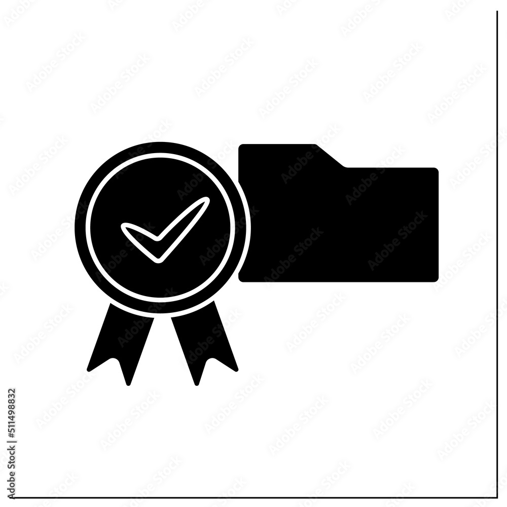 Poster approve folder glyph icon. check in paper folder. examine and accept. confidential file. confirmed c