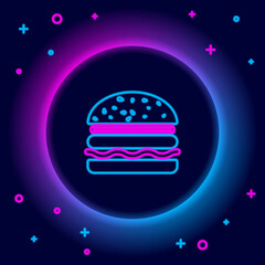 Glowing neon line Burger icon isolated on black background. Hamburger icon. Cheeseburger sandwich sign. Colorful outline concept. Vector