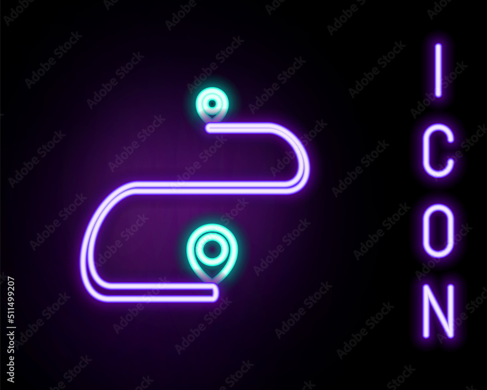 Poster glowing neon line route location icon isolated on black background. map pointer sign. concept of pat