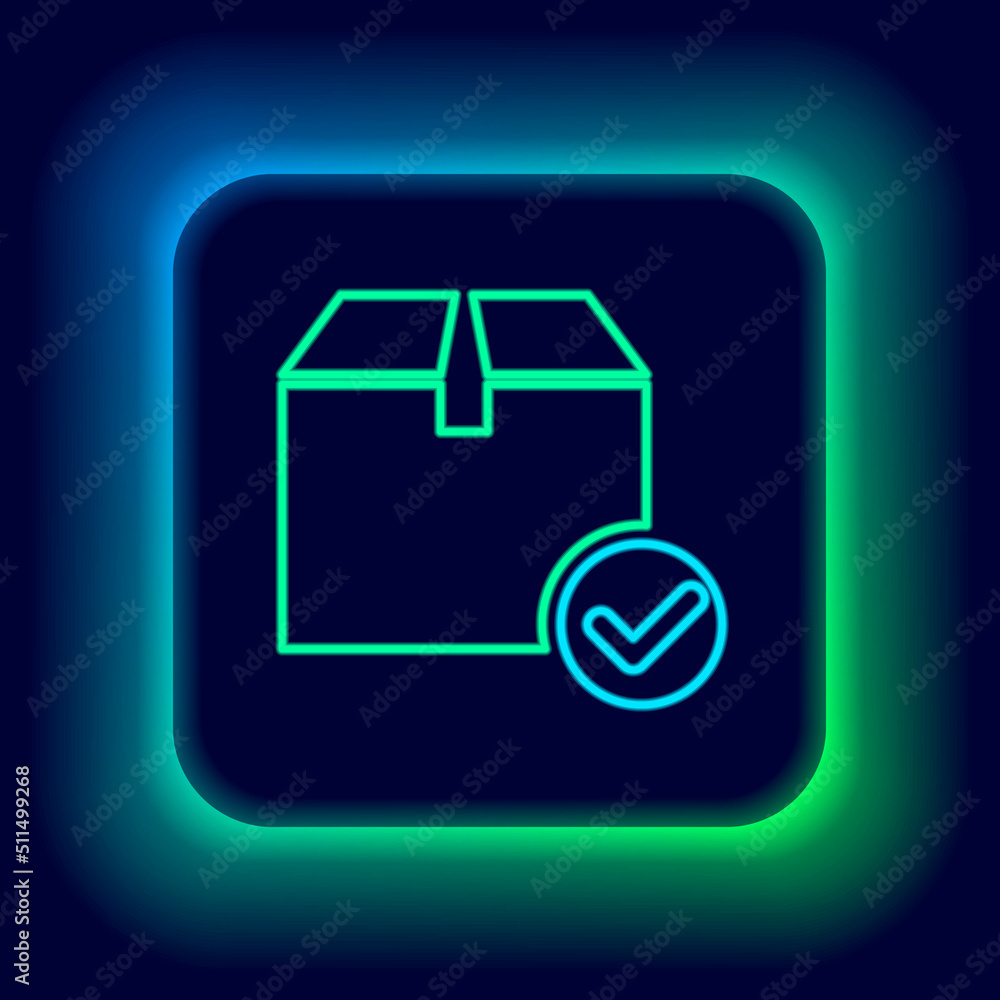 Poster glowing neon line package box with check mark icon isolated on black background. parcel box with che