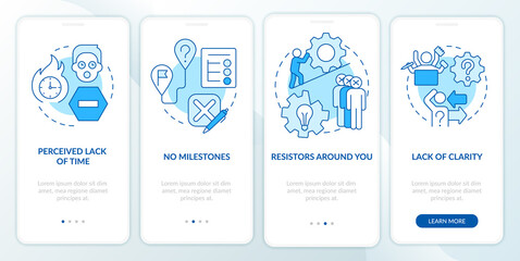 Barriers to change management blue onboarding mobile app screen. Walkthrough 4 steps editable graphic instructions with linear concepts. UI, UX, GUI template. Myriad Pro-Bold, Regular fonts used