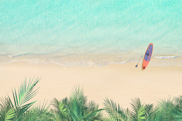 Top and aerial view on tropical sand beach with SUP board for surfing on the shore, palm tree and sea. Ocean coastline. Drone photo. Background. Copy space