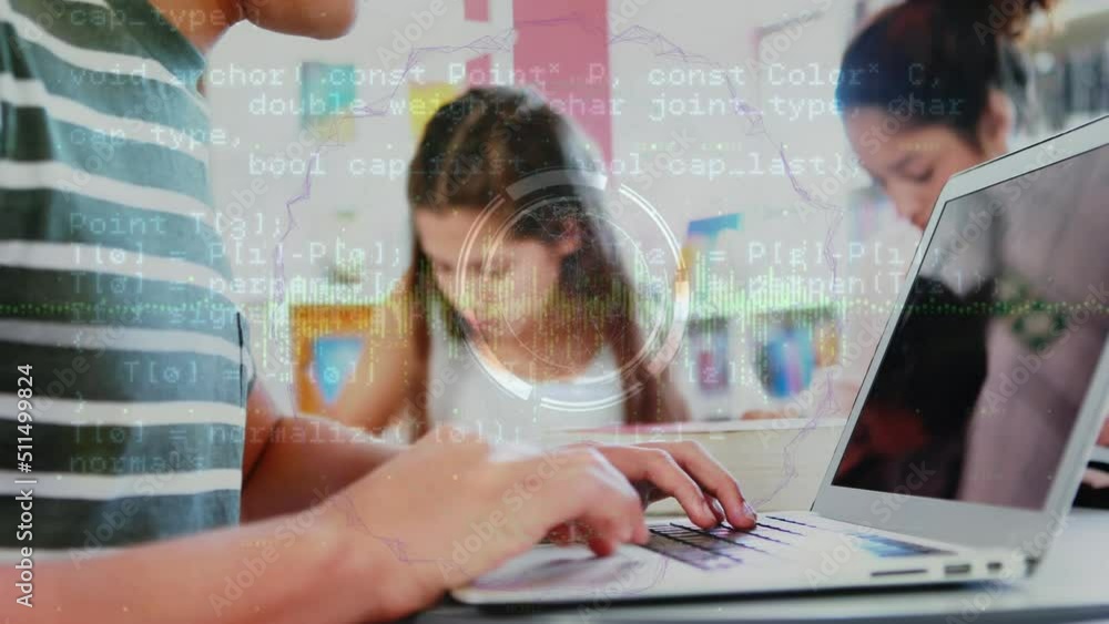 Aufkleber animation of data processing over hands of caucasian boy using laptop at school