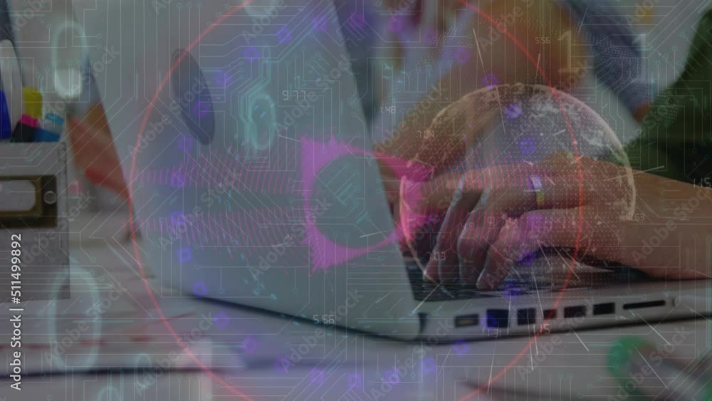 Poster animation of binary code nad globe over hands of caucasian girl using laptop at school