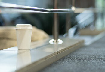 White cardboard coffee cup paper background tea takeaway go disposable, concept empty portable from...