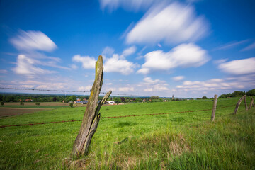 Green field with wooden fence and landscape
