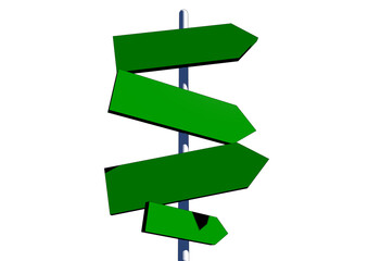 Pillar with 4 empty boards in green color indicating directions for tourists with cartoon effect.3d render illustration.