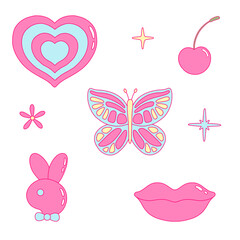 Vector illustration set from y2k vibe. Nostalgia for the 2000 years. Heart, stars, lip, cherry, daisy, hare in pink, blue and yellow colors.