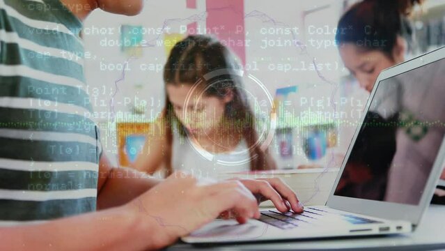 Animation of data processing over hands of caucasian boy using laptop at school