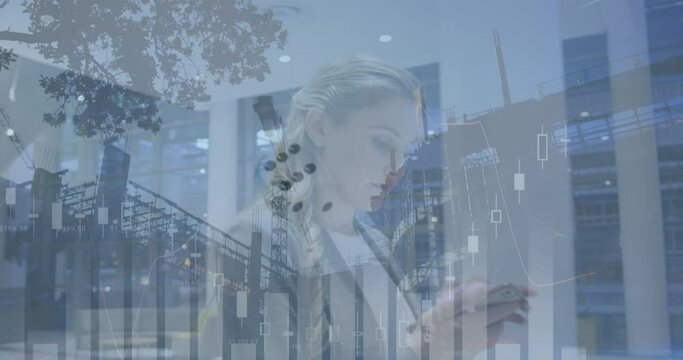 Animation of financial data over caucasian businesswoman using smartphone and construction site