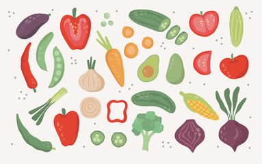 Set of flat hand drawn doodle Vegetables and greens. Healthy organic food elements. Vector illustration isolated on white background