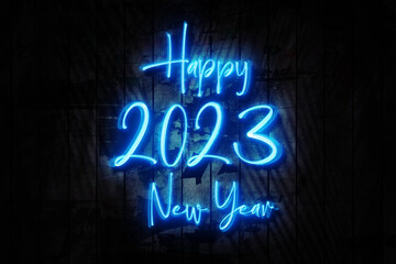 Obraz premium Happy New Year 2023 Neon Sign on a Dark Wooden Wall 3D illustration