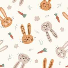 Vector hand-drawn color children's seamless repeating pattern with cute rabbits in Scandinavian style on a light background. Creative children's texture for fabric, wallpaper, clothes.