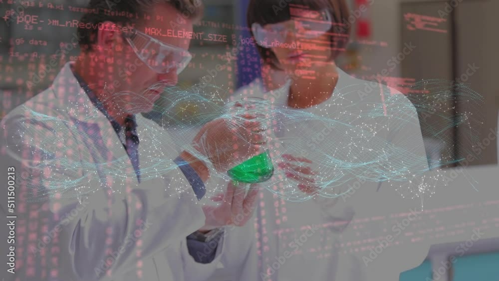 Poster digital wave and data processing against caucasian male and female scientists working at laboratory