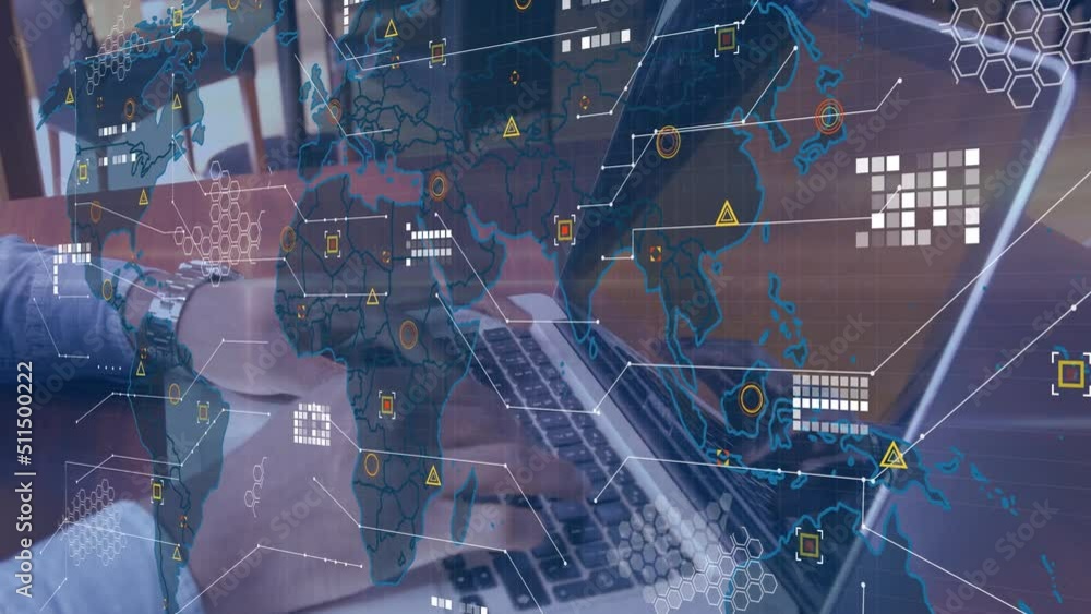 Poster animation of world map over hands of caucasian man using laptop with copy space