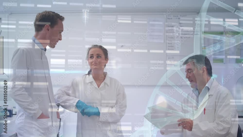 Poster dna structure and mosaic squares over group of caucasian scientists discussing at laboratory